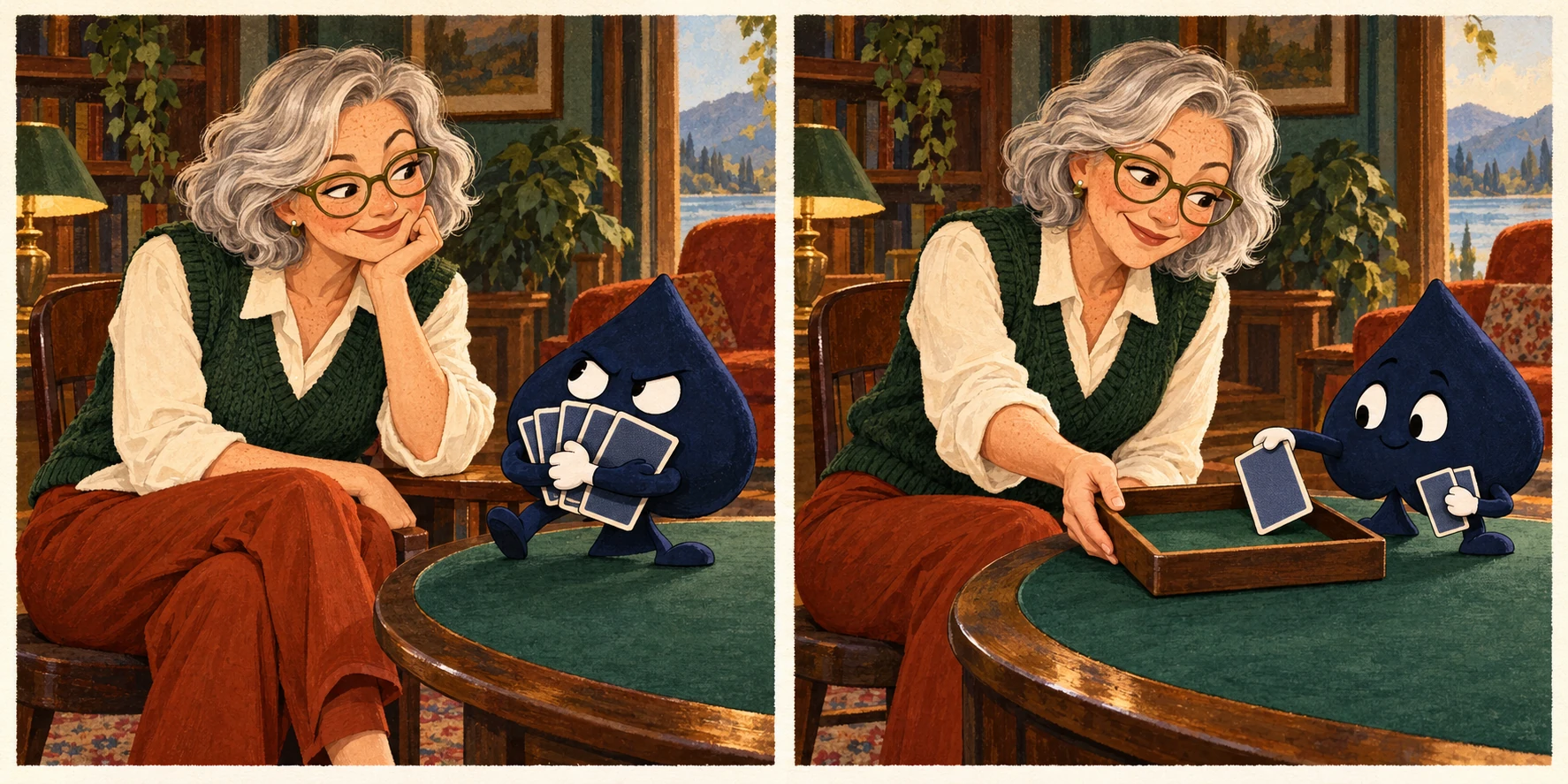 In a two-panel comic, Vera watches the spade hug its card backs, then offers a discard tray as it chooses to release one.