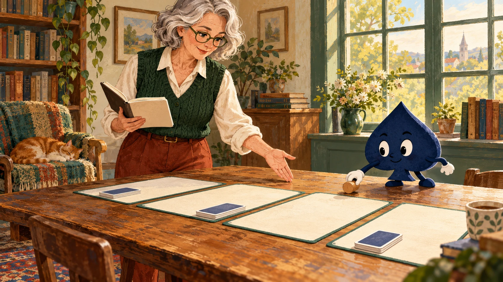 Vera, a teacher with a silver bob, olive glasses and a green knitted vest, gestures along a study table while the navy spade moves a wooden marker.