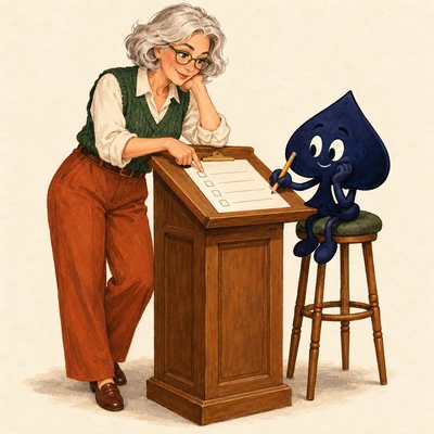 Vera leans beside a lectern and points to a checklist while the navy spade sits on a stool with a pencil.
