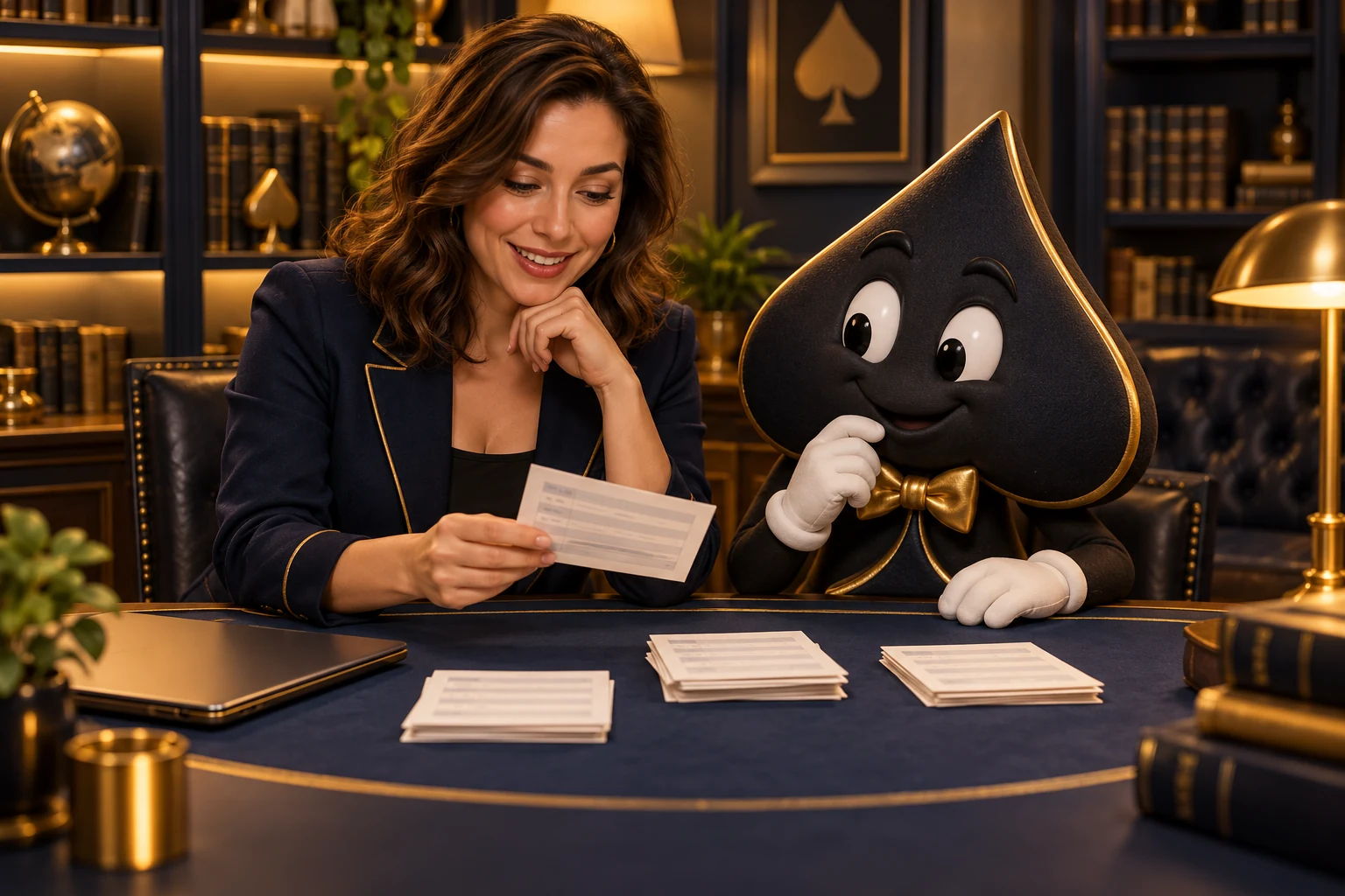 A teacher and Ace the HPD spade sort hand-history cards at a navy study desk.