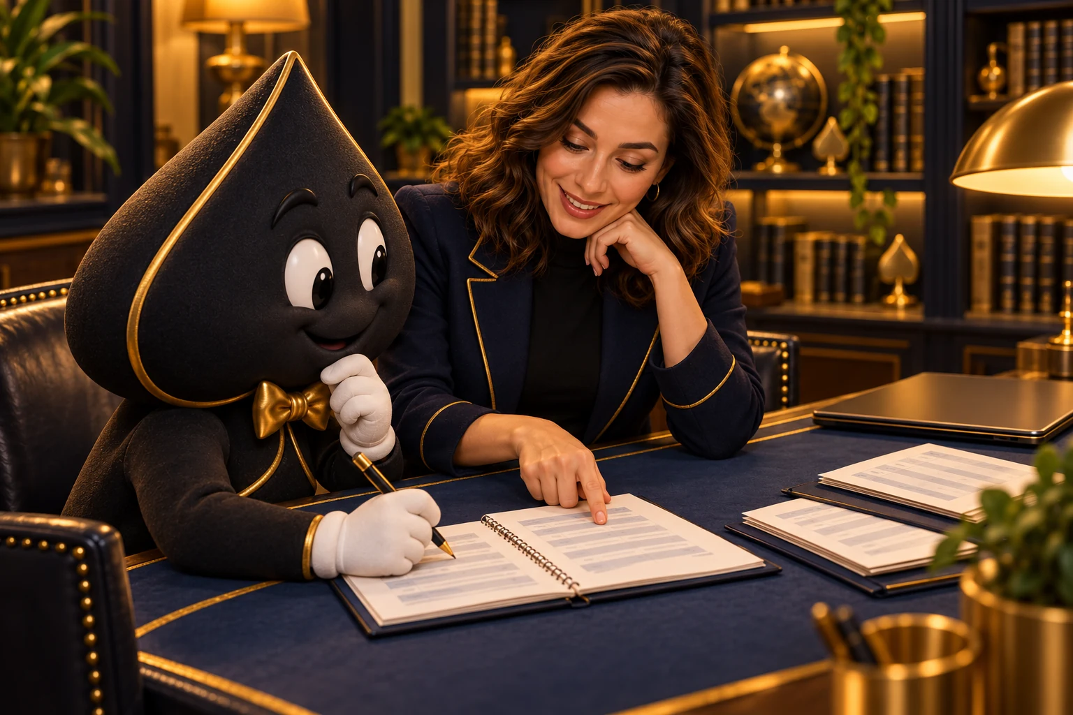 The teacher points to one hand record while Ace the HPD spade prepares a review note.