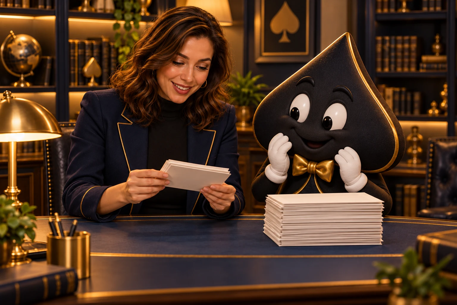 The teacher holds a few records while Ace the HPD spade examines a much larger stack.