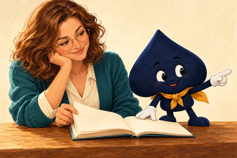 Mara opens a notebook while the navy HPD spade points toward the next lesson.