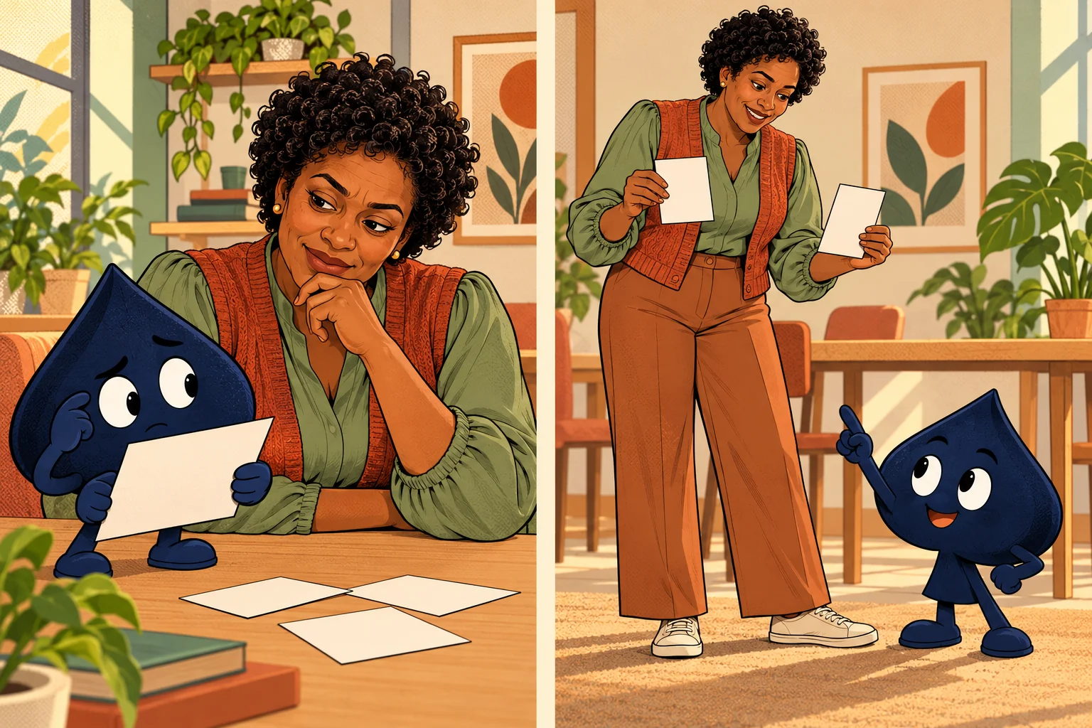A two-panel comic shows the adult teacher listening to a puzzled Ace the HPD spade, then explaining with paper cards as it understands.