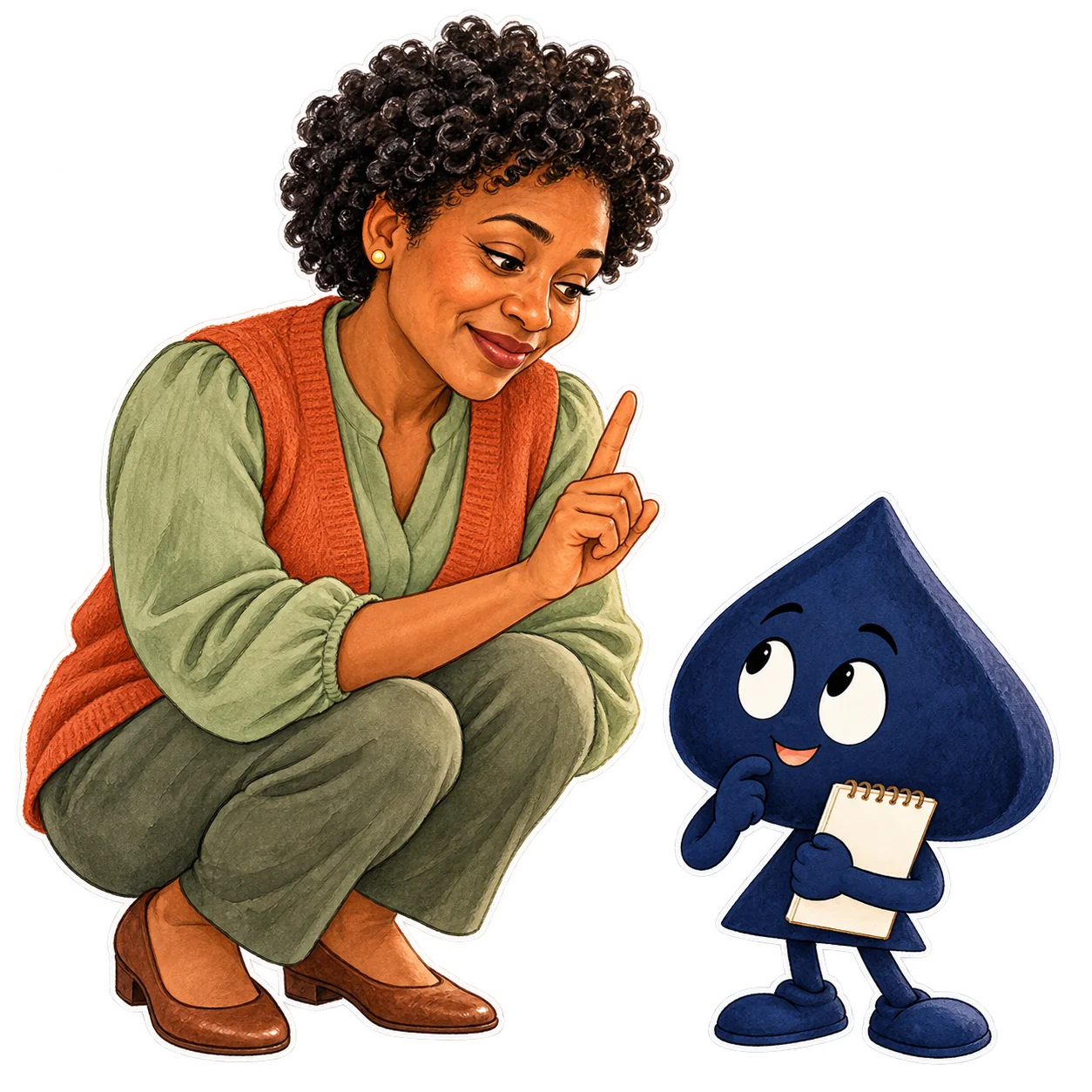 The teacher holds up one finger beside a thoughtful Ace the HPD spade carrying a notebook.