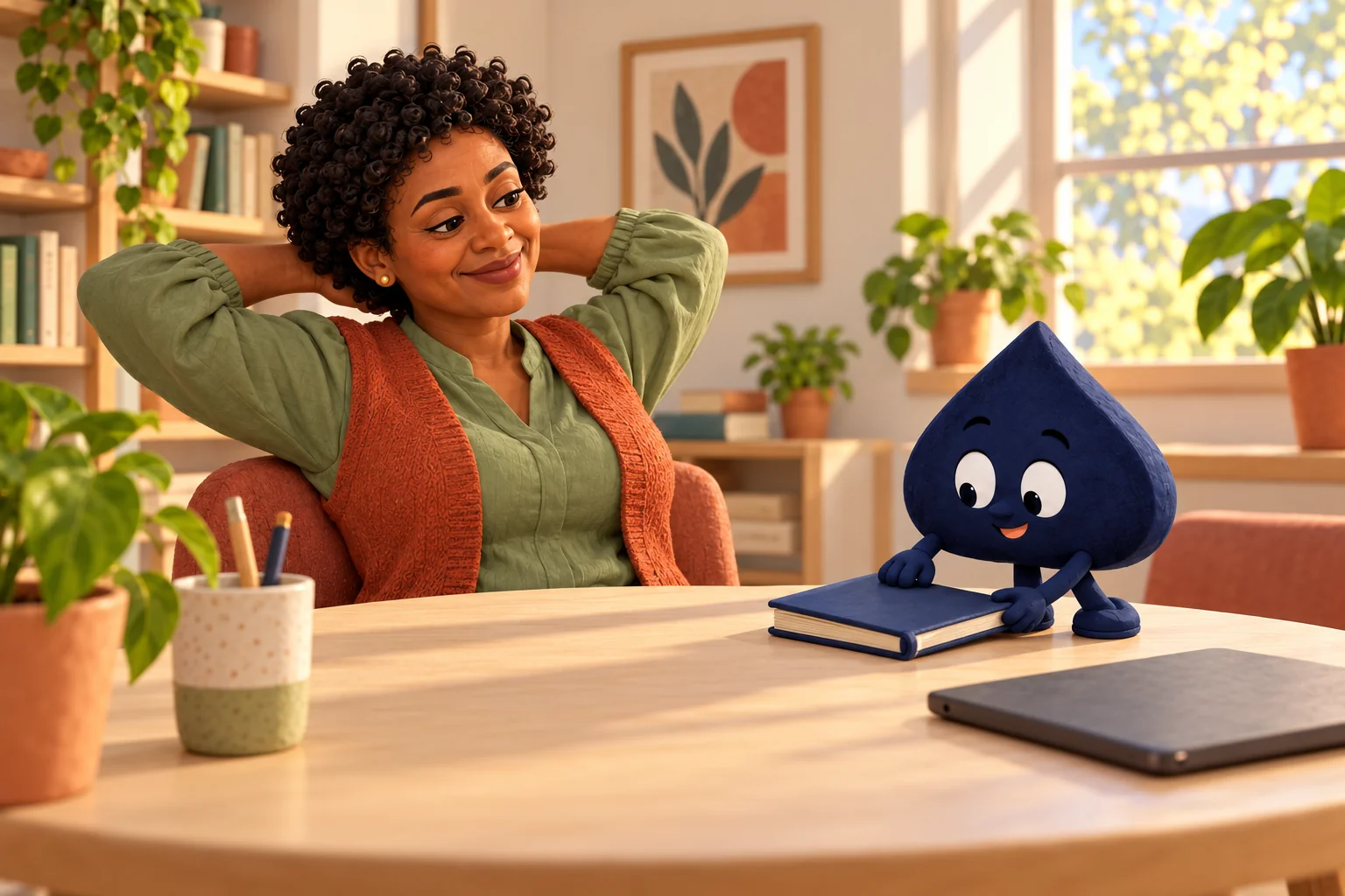 In a clay-style scene the adult teacher takes a relaxed stretch while Ace the HPD spade closes its study notebook.