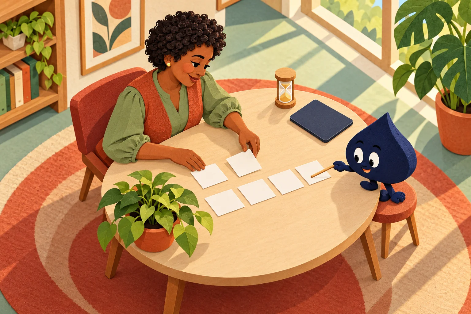 An overhead paper-collage scene shows the adult teacher and Ace the HPD spade arranging a short sequence of learning cards.