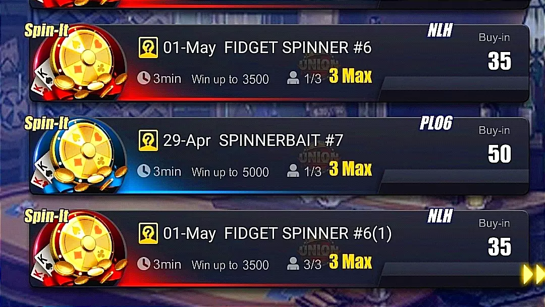 Archived Paradise Spin-It list showing NLH and PLO6 three-player games