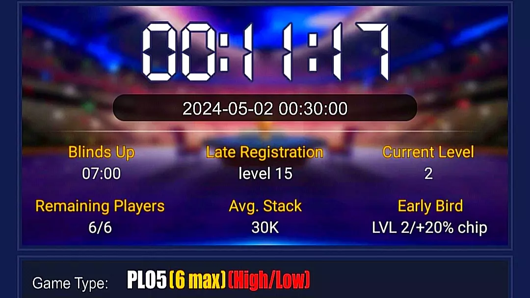 Archived PLO5 Hi-Lo tournament details showing blind timing, registration cutoff and remaining players