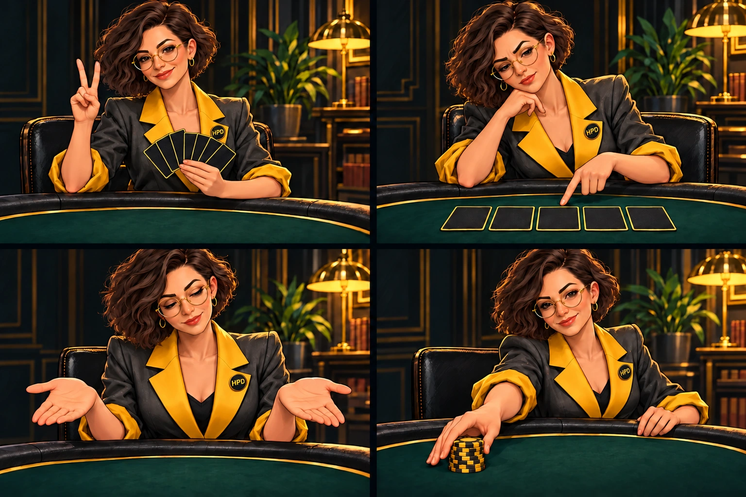 HPD host holding six private cards and raising two fingers to indicate that exactly two are used.