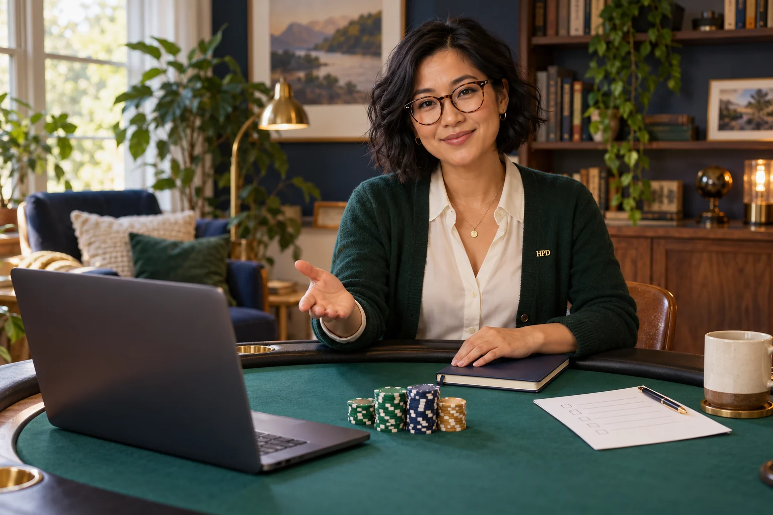 An HPD teacher welcomes players to a home poker table beside a laptop and checklist