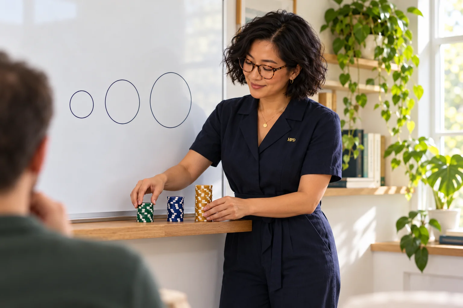 An HPD teacher uses chip stacks to explain starting stacks and blinds