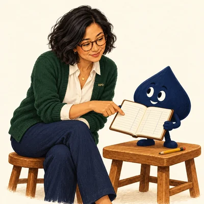 The HPD teacher points to a ledger column while Ace the HPD spade holds the notebook