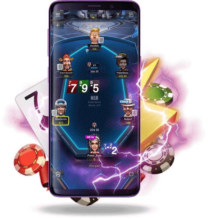 Official PokerBROS illustration of a Hold’em table with board, pot and player seats